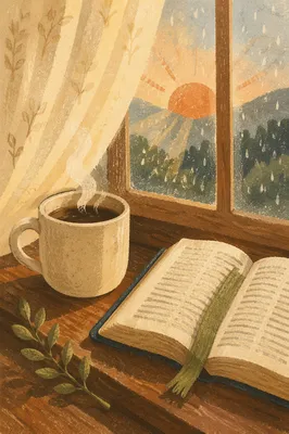 Coffee Cup and Open Bible by Window