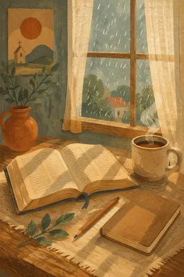 Morning Bible and Coffee by Rainy Window