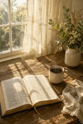 Morning Bible and Coffee by Rainy Window