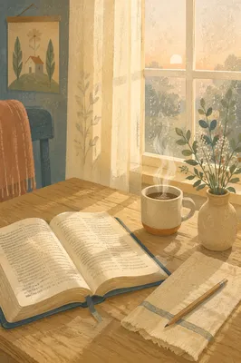 Morning Bible and Coffee by Rainy Window