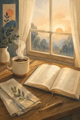 Morning Bible and Coffee by Rainy Window