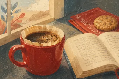 Red Coffee Cup Beside Open Book