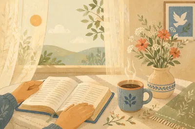 Peaceful Morning Bible and Coffee by Window