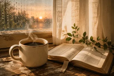 Morning Bible Devotion by Rainy Window