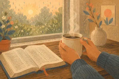 Morning Bible Devotion Beside Rainy Window