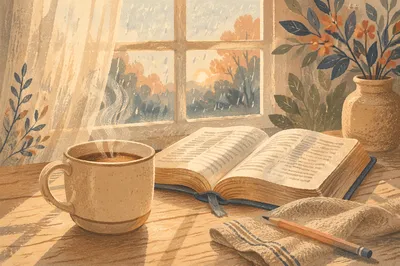 Morning Bible and Coffee by Rainy Window