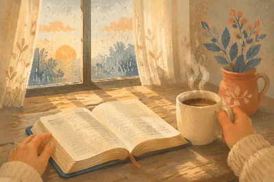 Morning Bible Devotion by Rainy Window