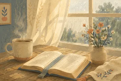 Morning Bible Devotion by Rainy Window