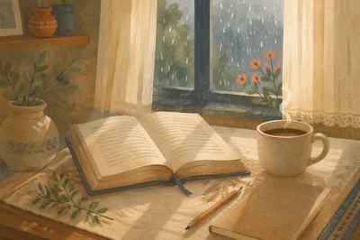 Morning Bible and Coffee by Rainy Window