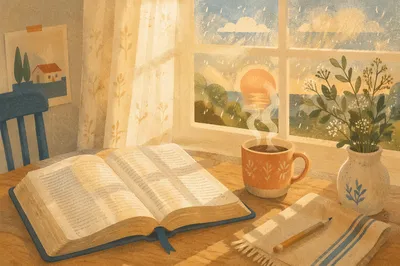 Morning Bible Devotion by Rainy Window