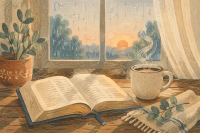 Morning Bible and Coffee by Rainy Window