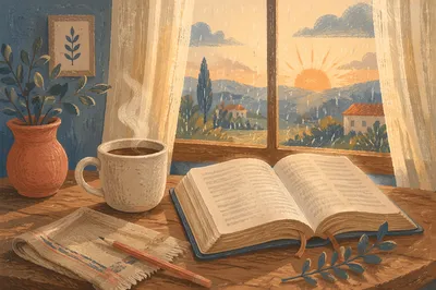 Morning Bible and Coffee by Rainy Window