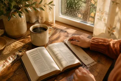Morning Bible Devotion by Rainy Window