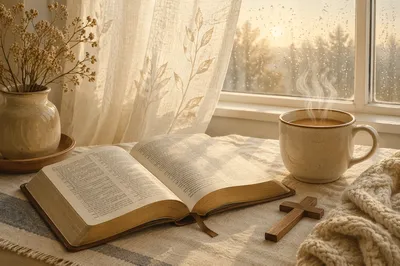 Morning Bible and Coffee by Rainy Window