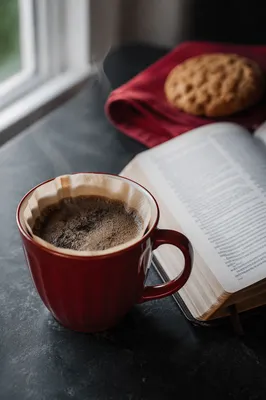 Red Coffee Cup and Open Book
