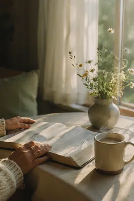 Morning Bible Devotion with Coffee by Window