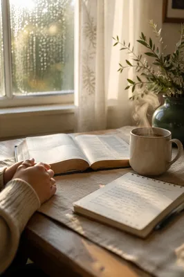 Morning Bible Devotion by Rainy Window