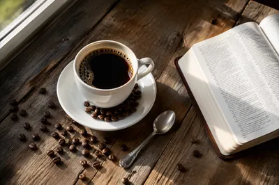 Morning Bible Devotion with Coffee by Window