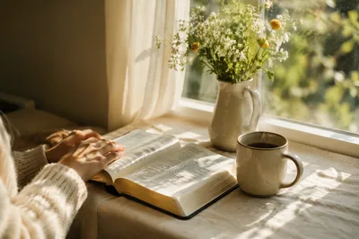Morning Bible Reading with Coffee by Window