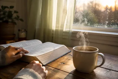 Morning Bible Devotion with Coffee by Window