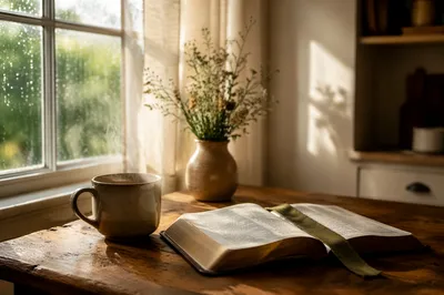 Morning Bible Devotion with Coffee by Window