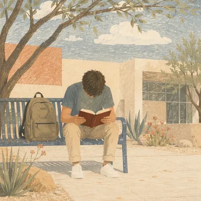 Student Reading Bible in Campus Courtyard
