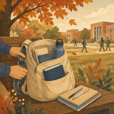 Bible in Backpack on Autumn Campus