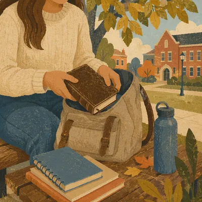 Bible in Backpack on Campus Bench