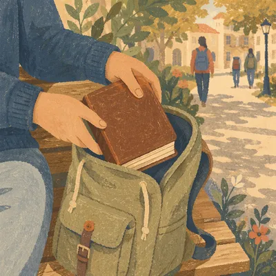 Student Packing Bible on Campus Bench
