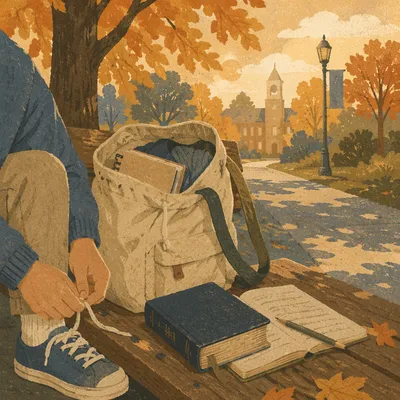 Bible in Backpack on Autumn Campus Morning
