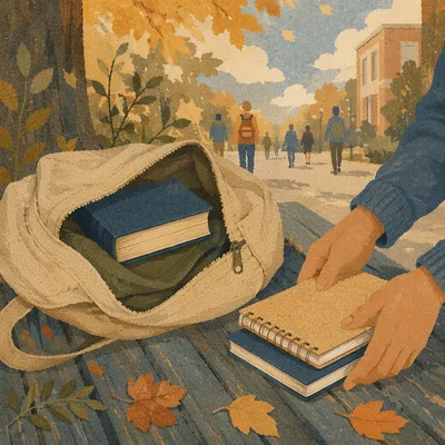 Bible in Campus Backpack by Autumn Walkway