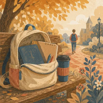 Bible in Backpack on Autumn Campus Bench