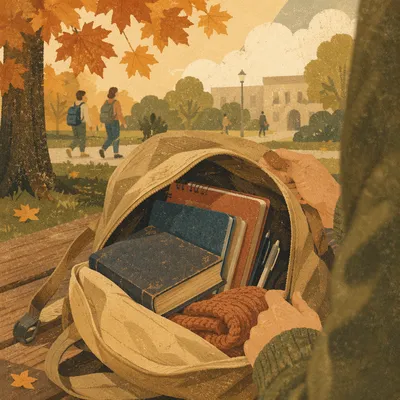 Bible in Backpack on Autumn Campus