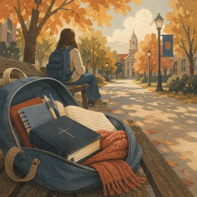 Bible in Backpack on Autumn Campus