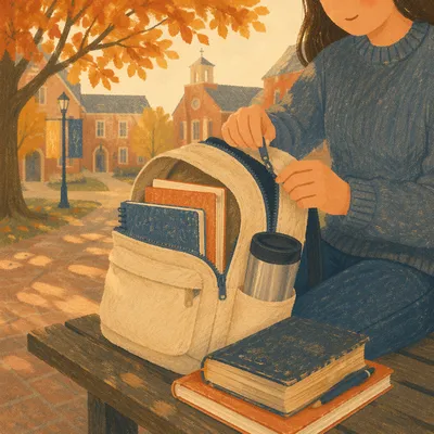 Bible in Backpack on Autumn Campus
