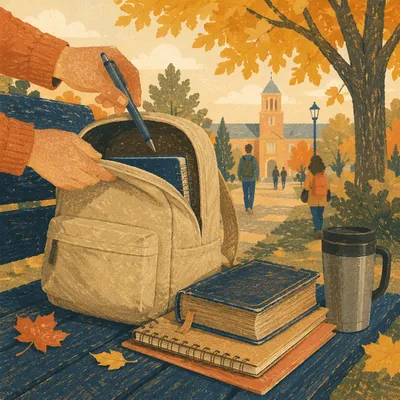 Bible in Backpack on Autumn Campus Bench