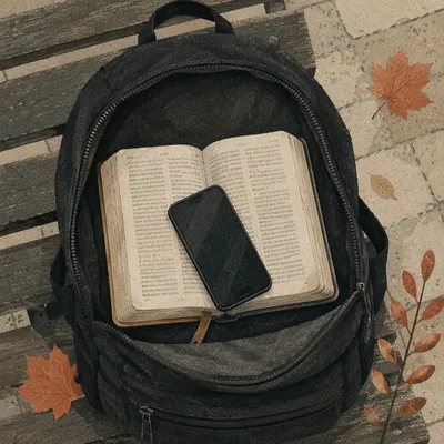 Bible in Backpack on Campus Bench