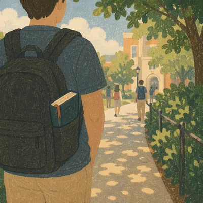 Bible in Backpack on University Walkway