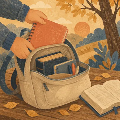 Bible in Backpack on Autumn Campus