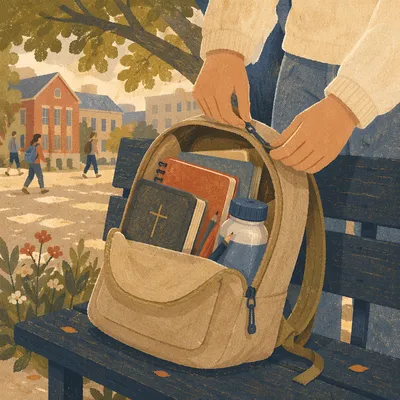 Bible in Campus Backpack Before Class