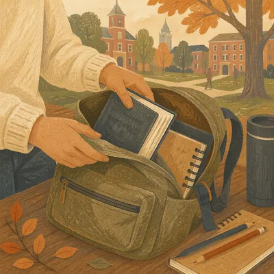 Student Packing Bible on Autumn Campus