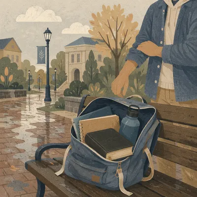 Bible in Campus Backpack After Morning Rain