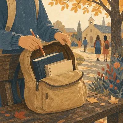 Bible in Backpack on Autumn Campus