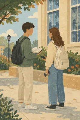 Students Discuss Bible on Campus Walkway