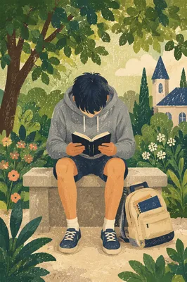 College Student Reading Bible in Campus Garden