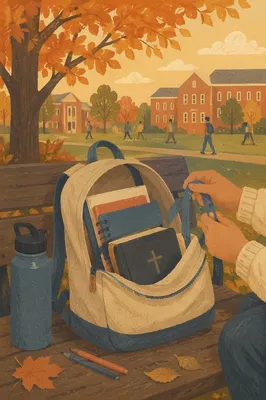 Bible in Campus Backpack Autumn Scene