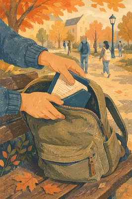 Student Placing Bible in Campus Backpack