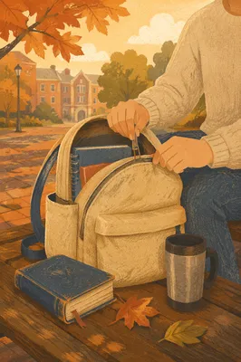 Bible in Backpack on Autumn Campus