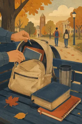 Bible in Backpack on Campus Bench