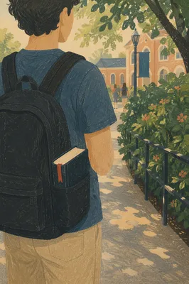 Bible in Backpack on Campus Walkway